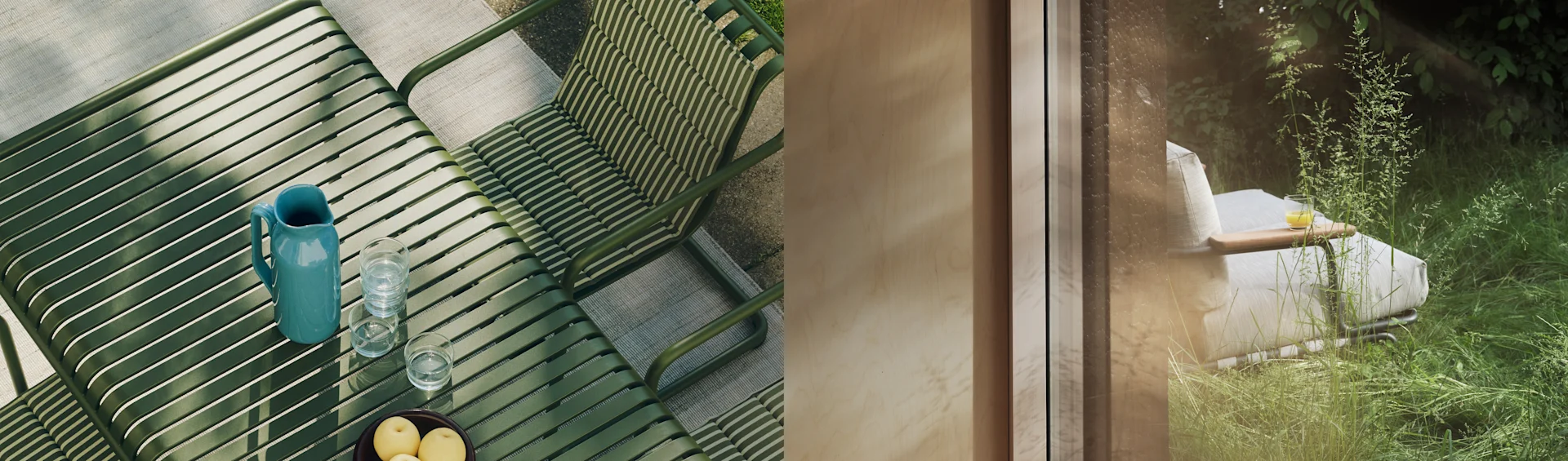 分割画像:緑のスラット製屋外テーブルにピッチャー、グラス、果物。右:窓から見える緑豊かな庭にある白いラウンジチェア。