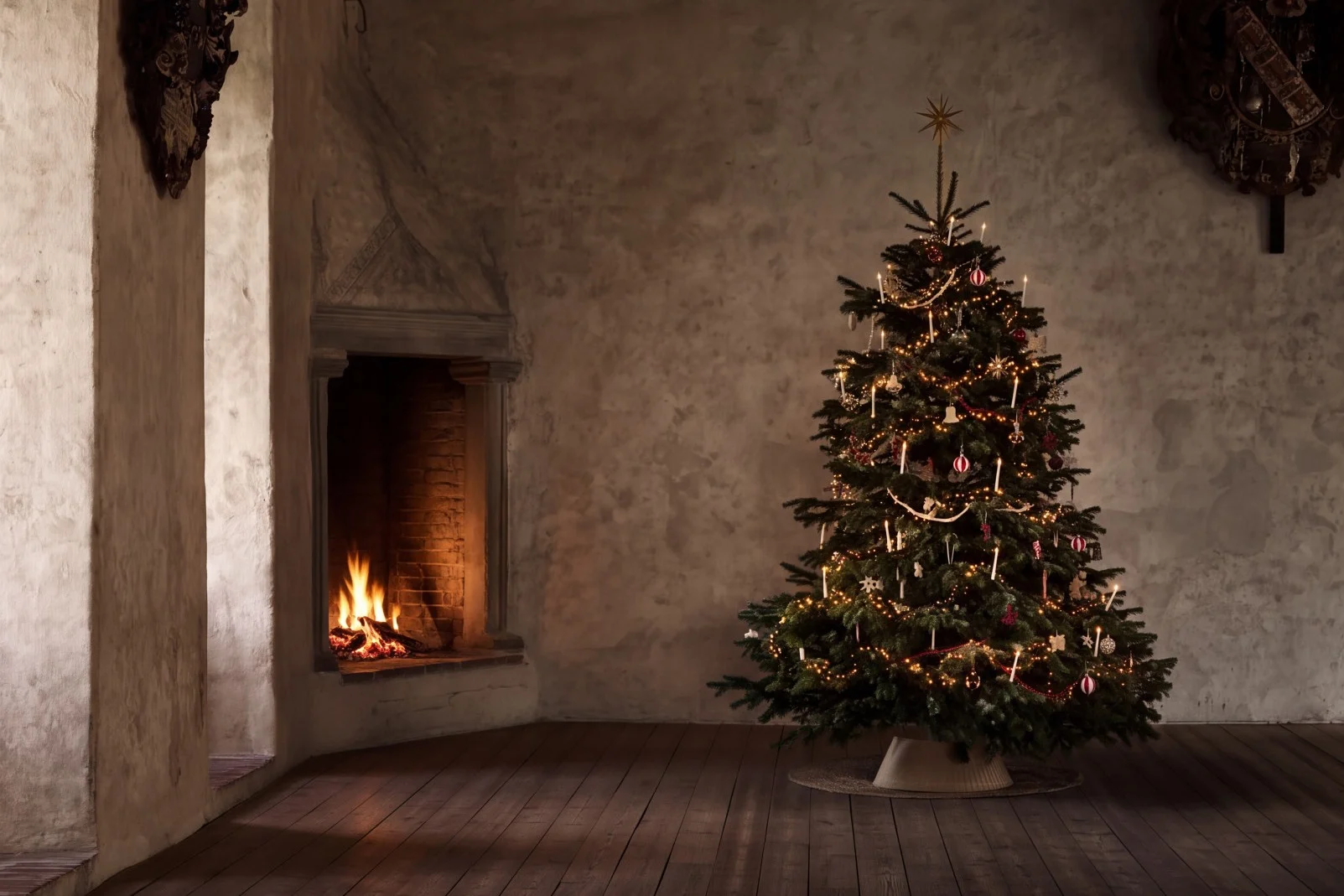 暖炉のある素朴な部屋に、キャンドルと飾りが施されたクリスマスツリー。